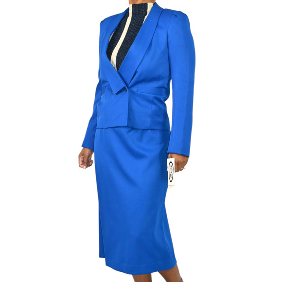 Vintage Frank Lee Skirt Suit Electric Blue Blazer Midi Office Royal Career Small - Picture 1 of 15